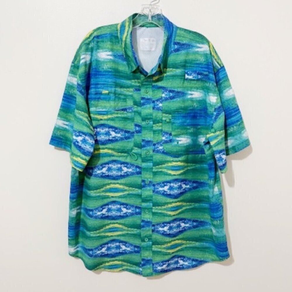 Reel Legends Saltwater II Short Sleeve Shirt Blue Green Fishing Vented Men's XL